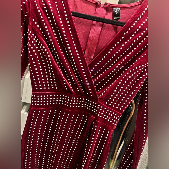 WINDSOR *NWT* Alexa Velvet Wrap Dress Burgundy Sparkly Longsleeve Mini Dress XS - Picture 5 of 8